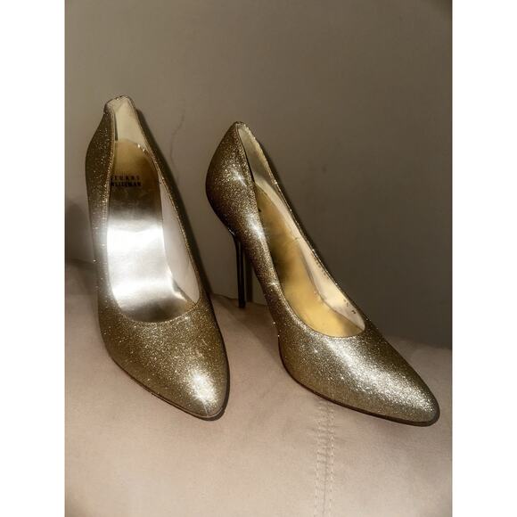 Stuart Weitzman Dagger Sabbia Gold Glitter Metal Stiletto Heels Pumps Size 8.5 - Picture 4 of 12